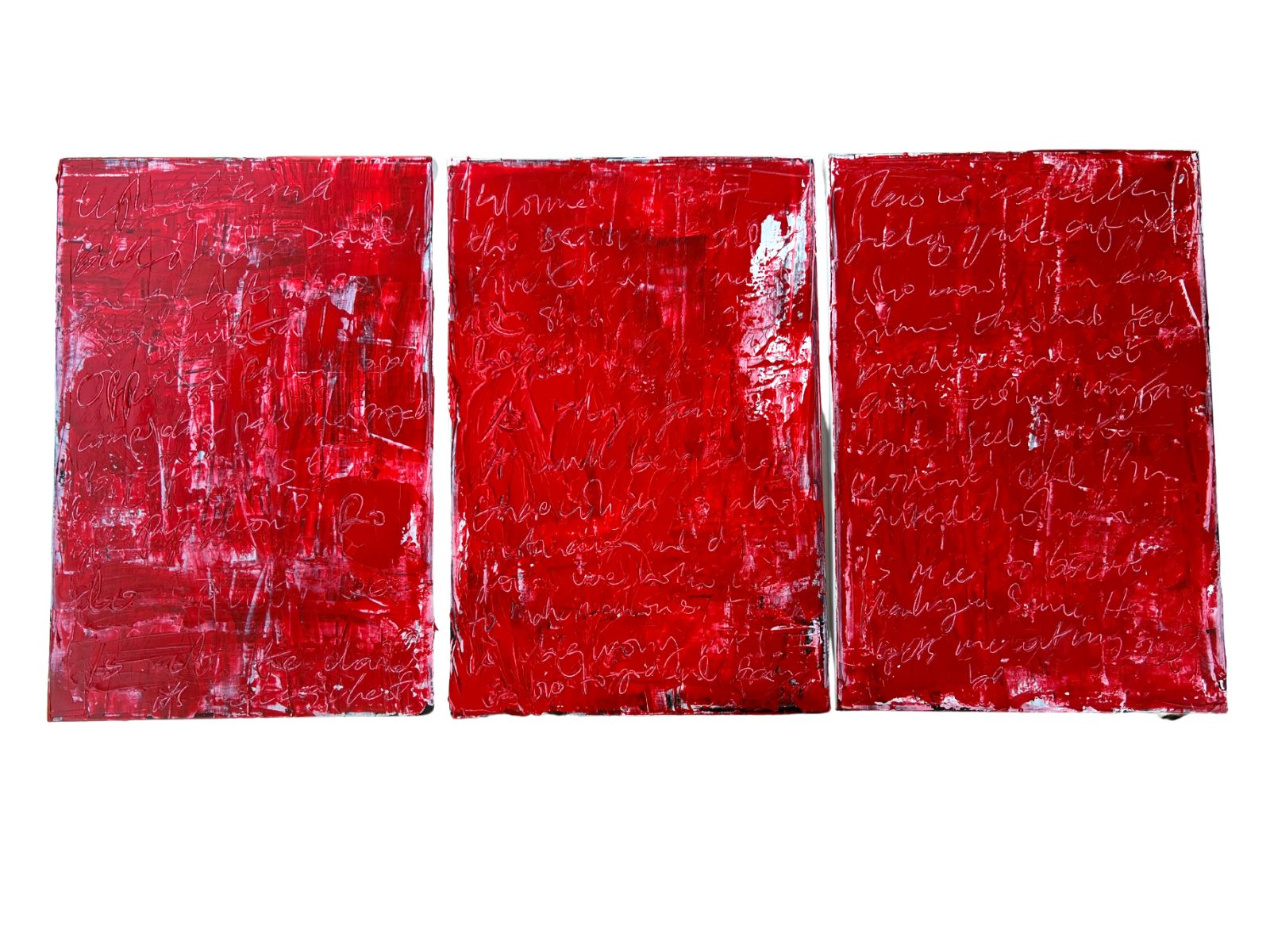 Daily Pages, three red canvases with journalled writing scratched into wet paint