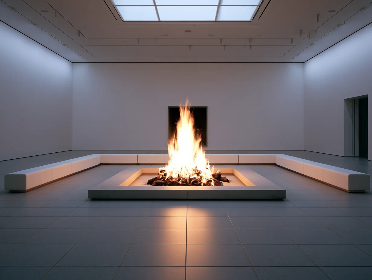 A central fire flanked by simple benches in a quiet gallery space