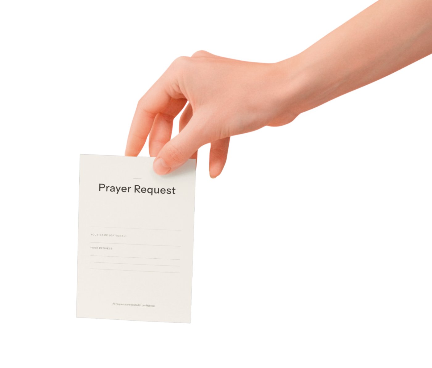 Prayer Request, a hand holding a printed prayer request card
