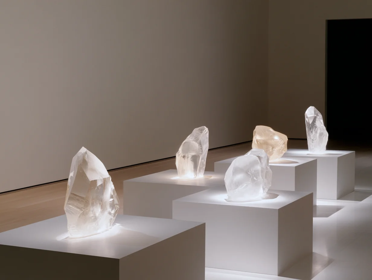 Tears For All The Years, hand-grown crystalline forms on a white plinth